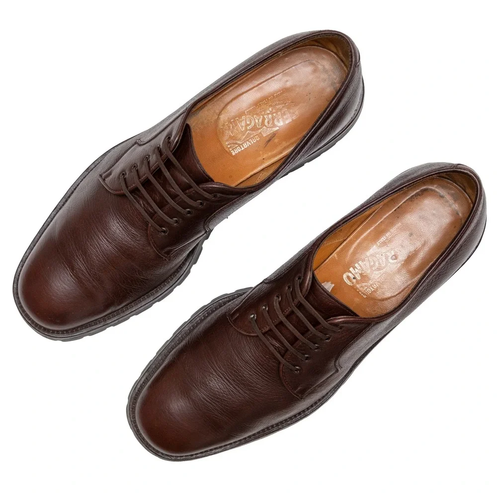 Salvatore Ferragamo Mens Brown Pebbled Leather Lug Sole Derby Shoes 10 D Italy